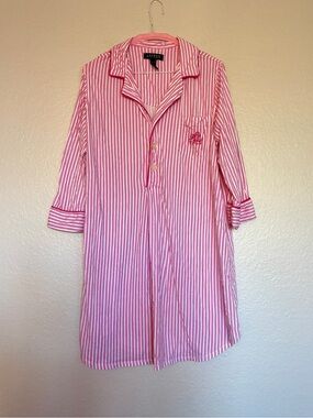 VTG Lauren Ralph Lauren 100% Cotton Pink/ White Striped Button Pajama Nightgown
